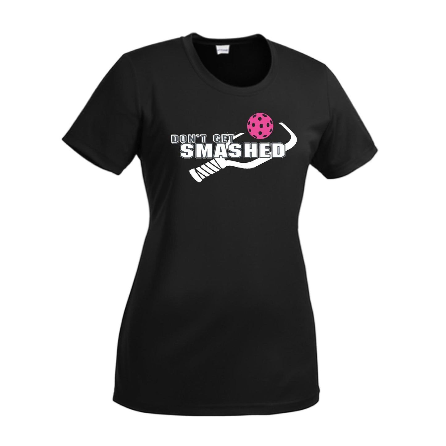 Don't Get Smashed With Pickleballs (Cyan Orange Pink) Customizable | Women’s Short Sleeve Crewneck Athletic Performance T-Shirts | 100% Polyester