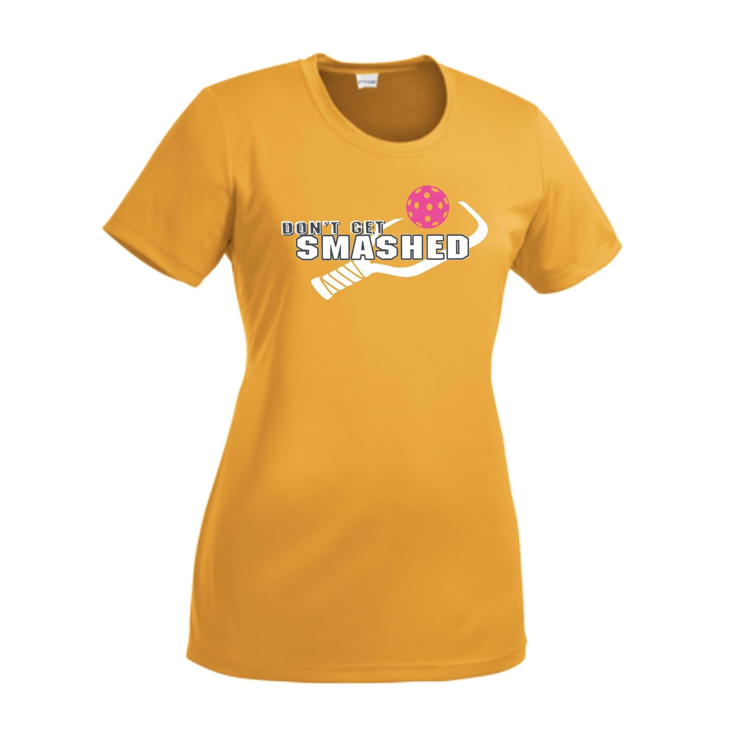 Don't Get Smashed With Pickleballs (Cyan Orange Pink) Customizable | Women’s Short Sleeve Crewneck Athletic Performance T-Shirts | 100% Polyester