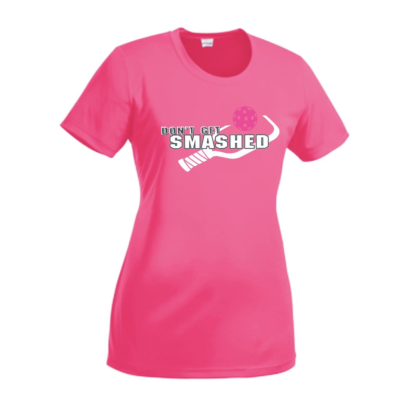 Don't Get Smashed With Pickleballs (Cyan Orange Pink) Customizable | Women’s Short Sleeve Crewneck Athletic Performance T-Shirts | 100% Polyester