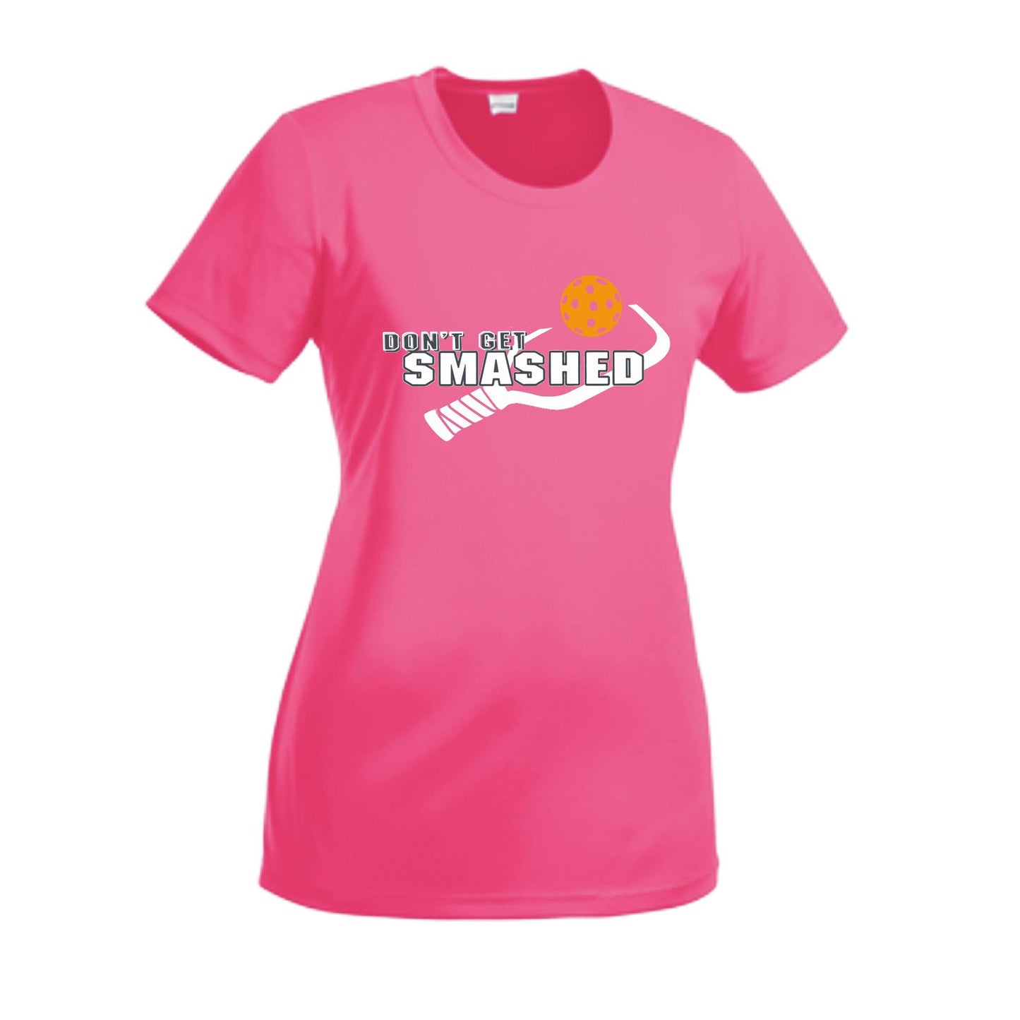 Don't Get Smashed With Pickleballs (Cyan Orange Pink) Customizable | Women’s Short Sleeve Crewneck Athletic Performance T-Shirts | 100% Polyester