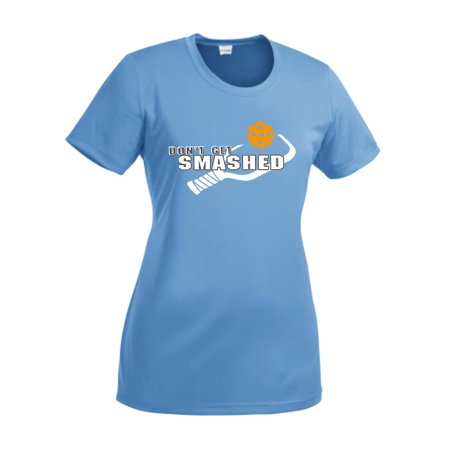 Don't Get Smashed With Pickleballs (Cyan Orange Pink) Customizable | Women’s Short Sleeve Crewneck Athletic Performance T-Shirts | 100% Polyester