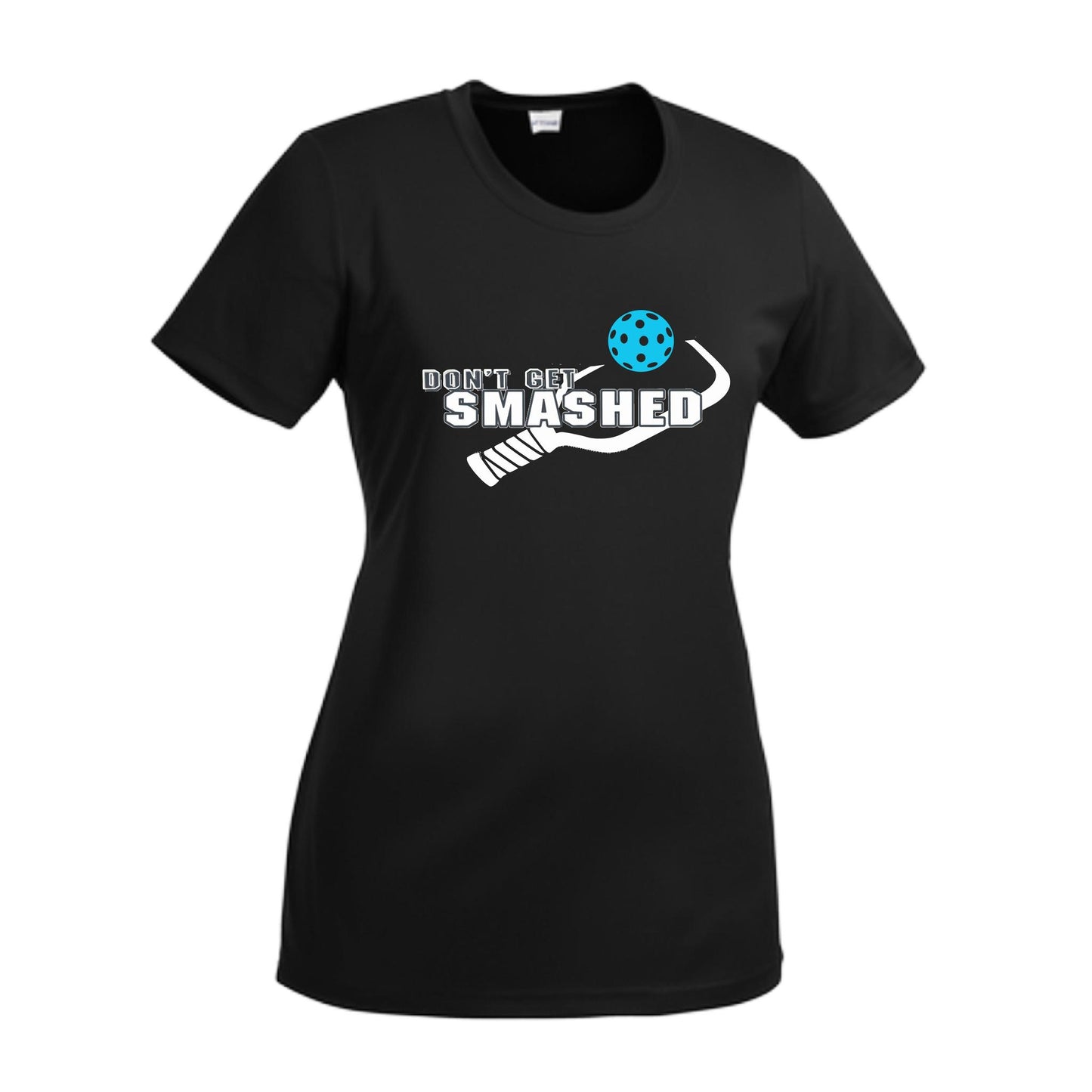 Don't Get Smashed With Pickleballs (Cyan Orange Pink) Customizable | Women’s Short Sleeve Crewneck Athletic Performance T-Shirts | 100% Polyester