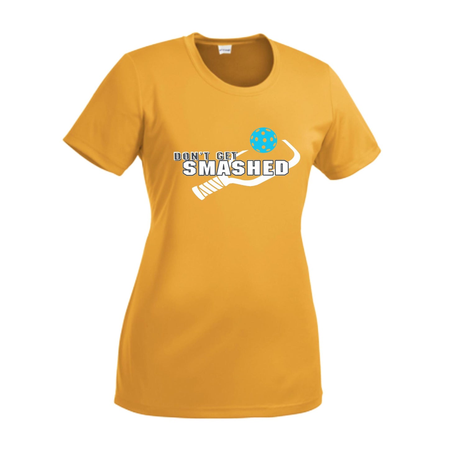 Don't Get Smashed With Pickleballs (Cyan Orange Pink) Customizable | Women’s Short Sleeve Crewneck Athletic Performance T-Shirts | 100% Polyester