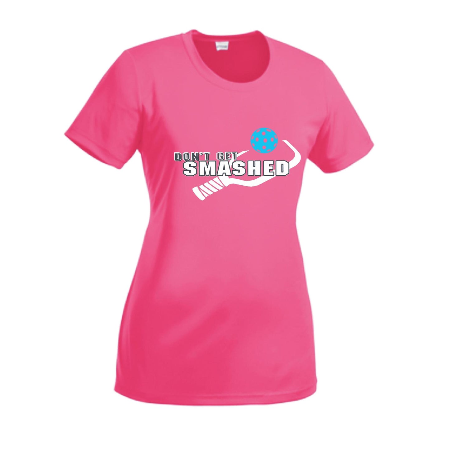 Don't Get Smashed With Pickleballs (Cyan Orange Pink) Customizable | Women’s Short Sleeve Crewneck Athletic Performance T-Shirts | 100% Polyester