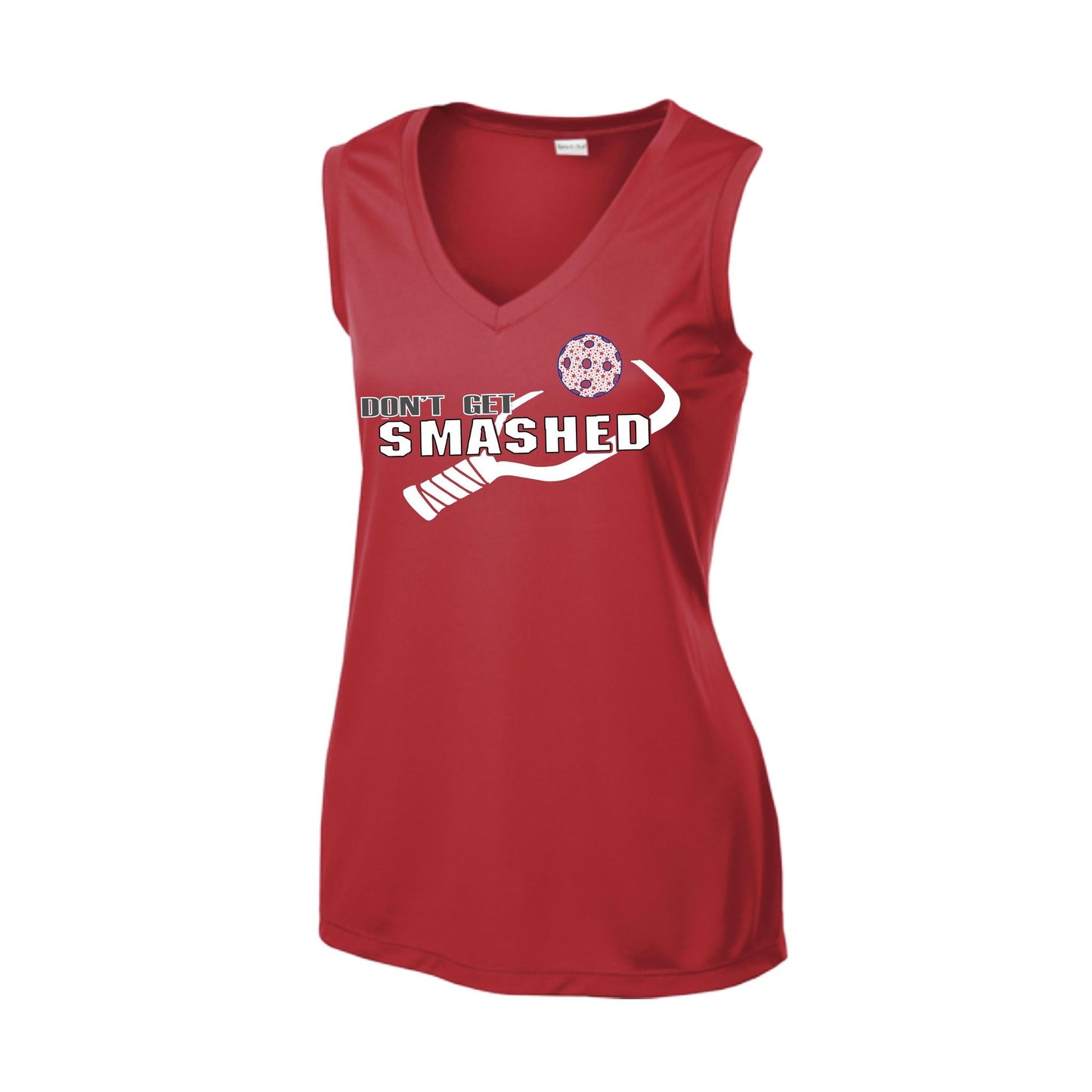 Don't Get Smashed With Pickleballs (Patriotic Stars) | Women’s Sleeveless Athletic Performance T-Shirt | 100% Polyester