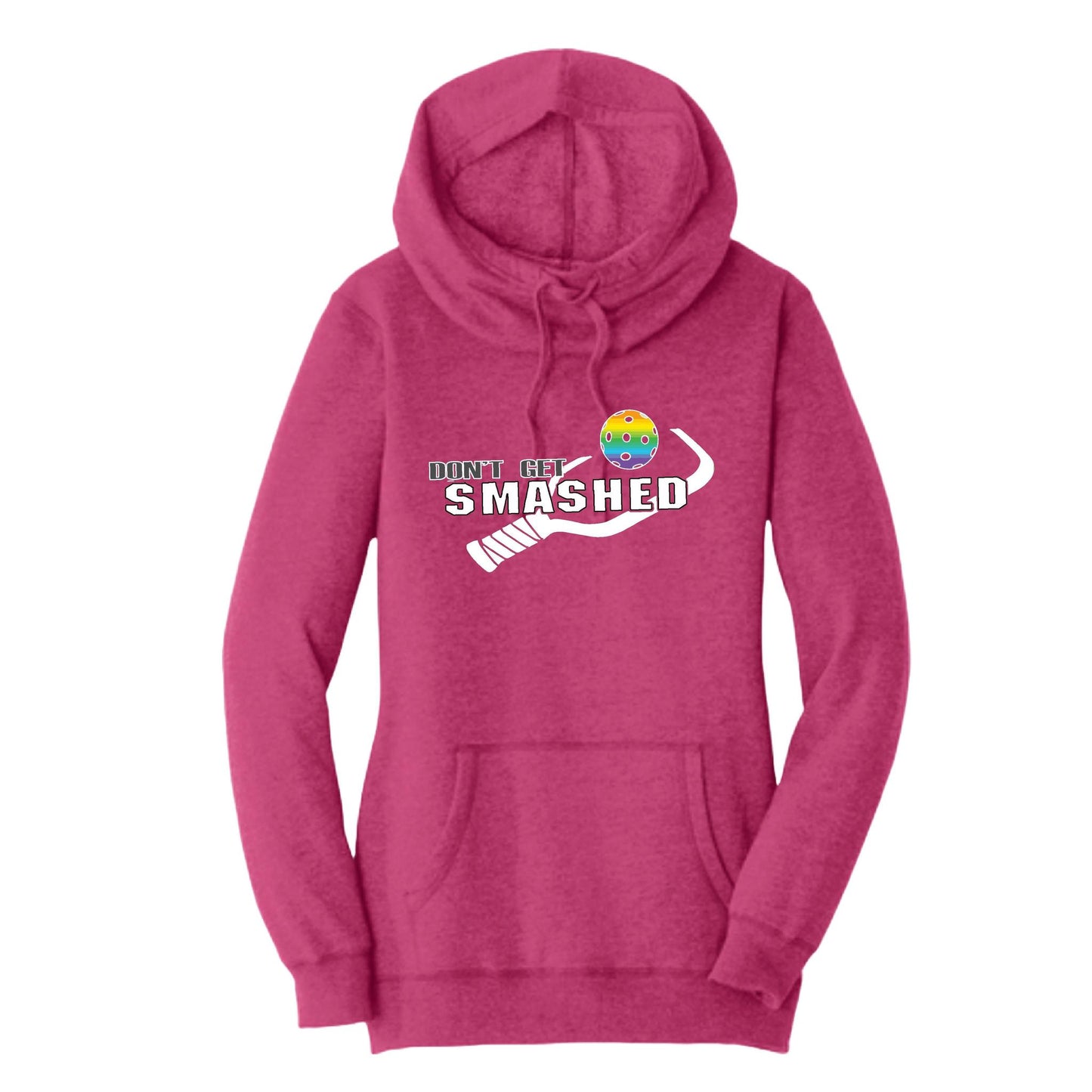Don't Get Smashed With Pickleballs (Pink Purple Rainbow) | Women’s Cowl-Neck Hoodie Pickleball Sweatshirt | 55% Cotton 45% Poly Fleece