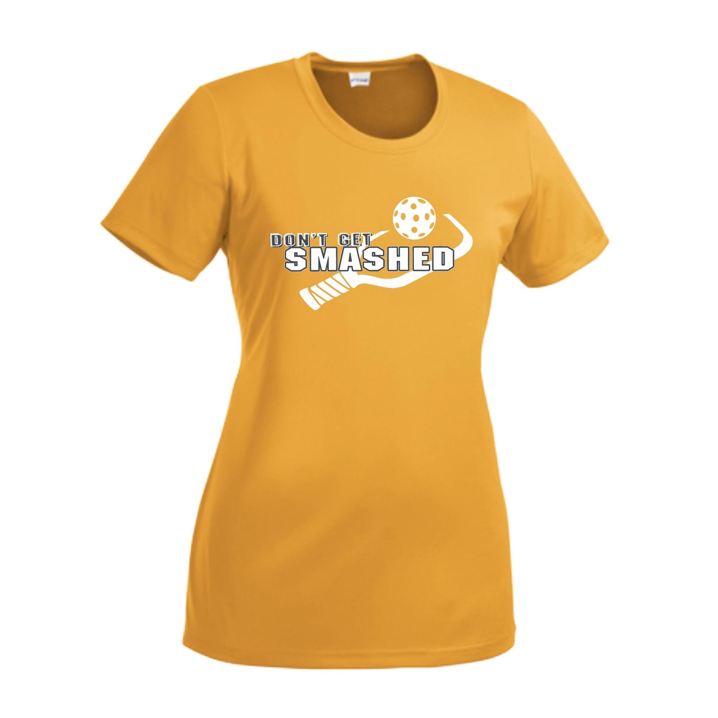 Don't Get Smashed With Pickleballs (Purple White Yellow) Customizable | Women’s Short Sleeve Crewneck Athletic Performance T-Shirts | 100% Polyester