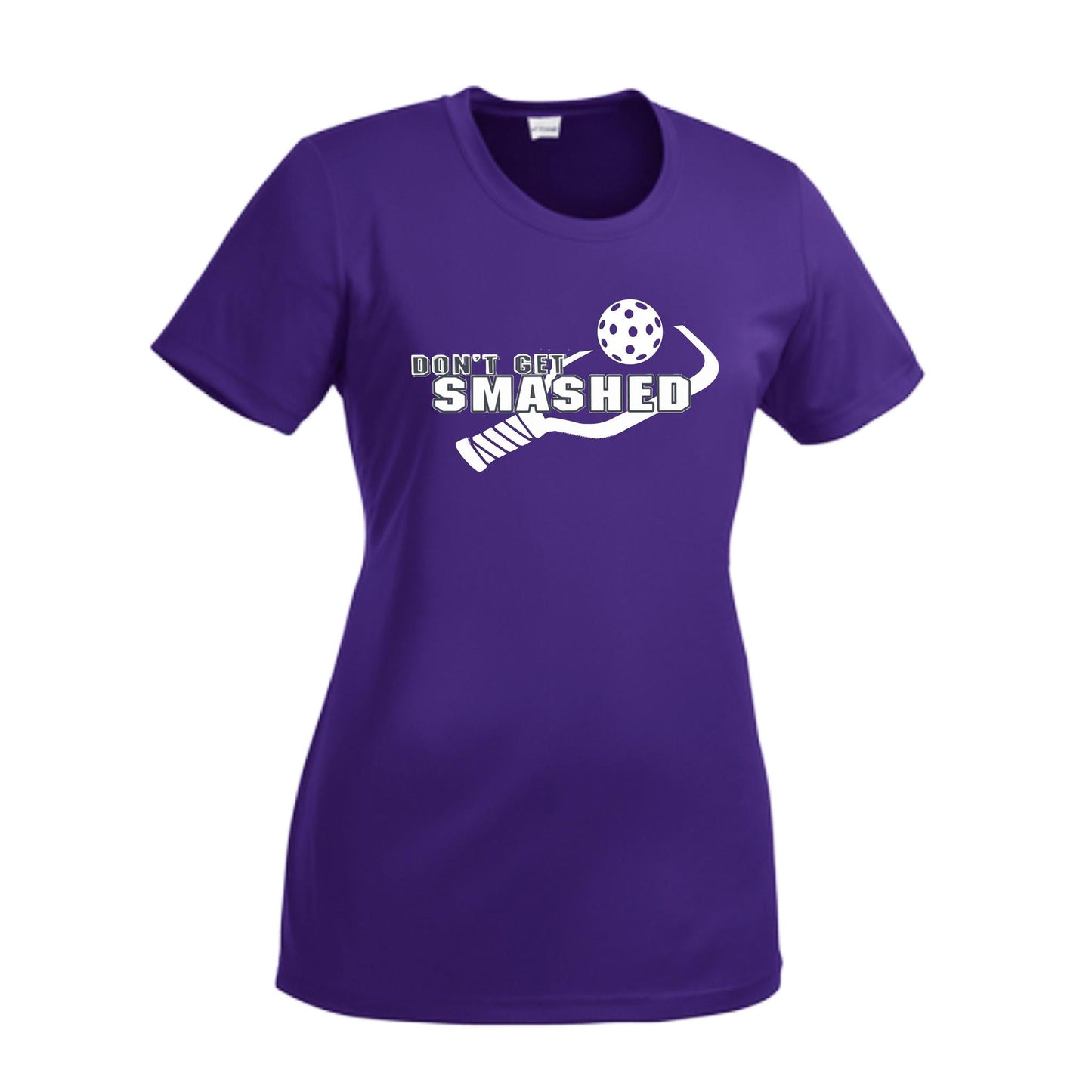 Don't Get Smashed With Pickleballs (Purple White Yellow) Customizable | Women’s Short Sleeve Crewneck Athletic Performance T-Shirts | 100% Polyester