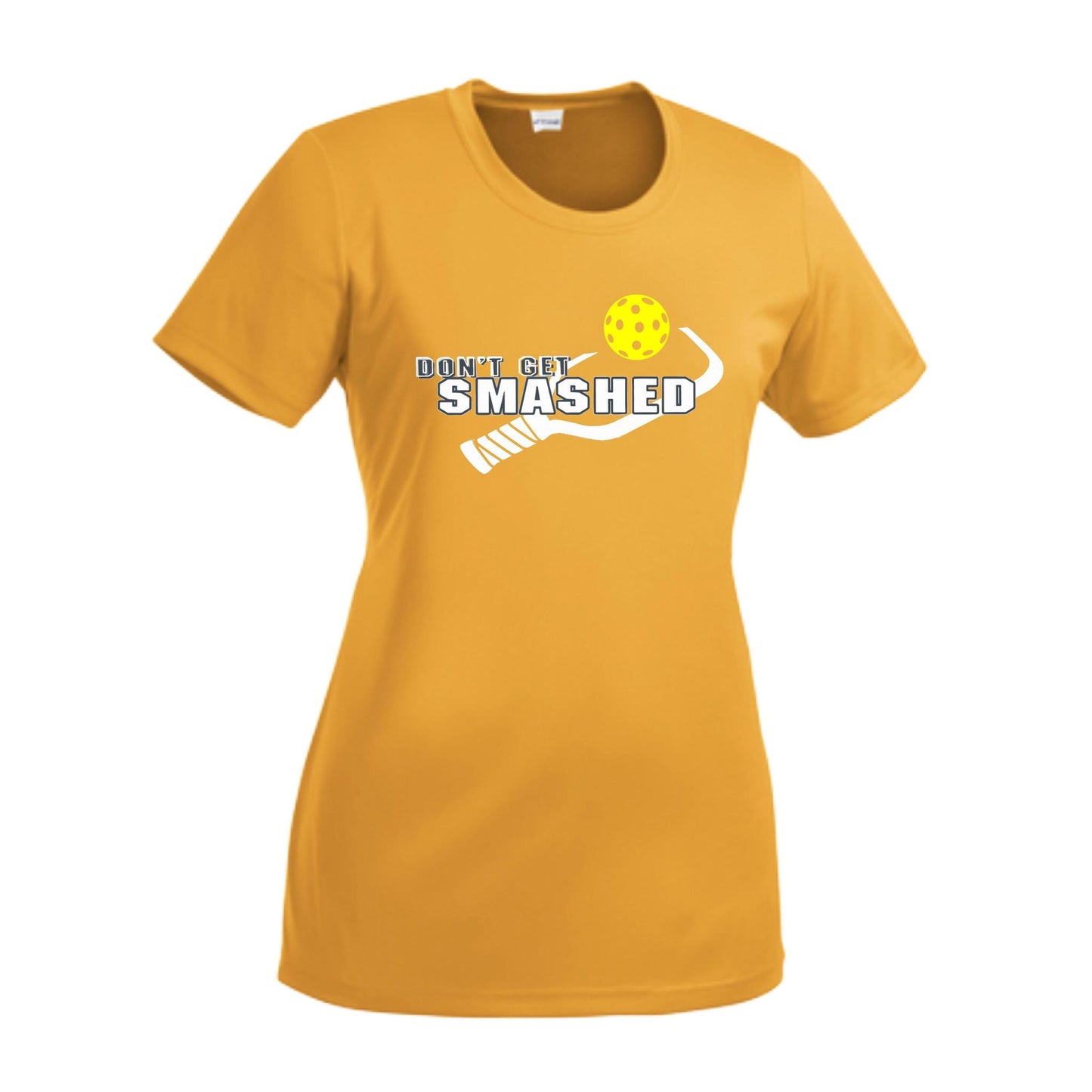Don't Get Smashed With Pickleballs (Purple White Yellow) Customizable | Women’s Short Sleeve Crewneck Athletic Performance T-Shirts | 100% Polyester