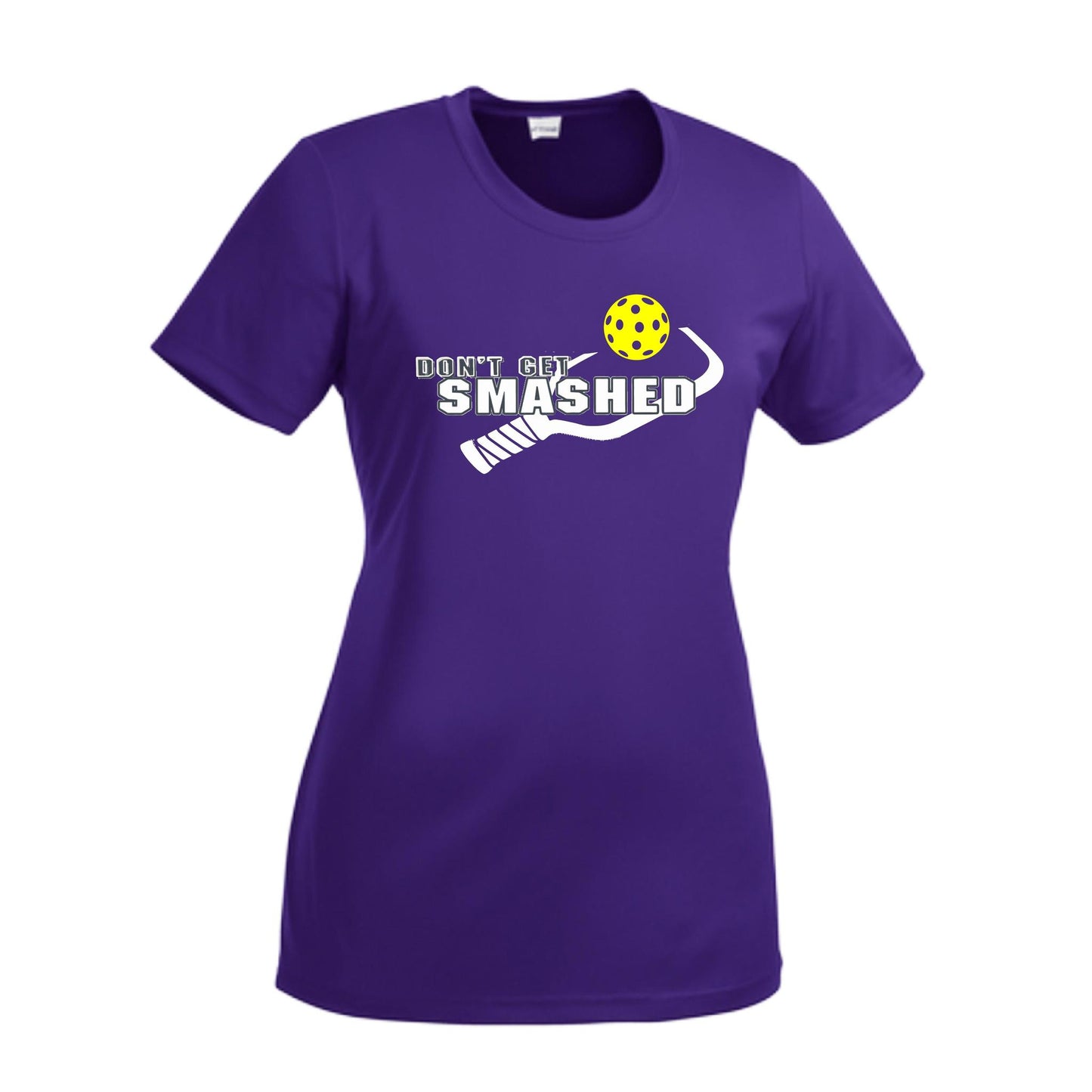 Don't Get Smashed With Pickleballs (Purple White Yellow) Customizable | Women’s Short Sleeve Crewneck Athletic Performance T-Shirts | 100% Polyester
