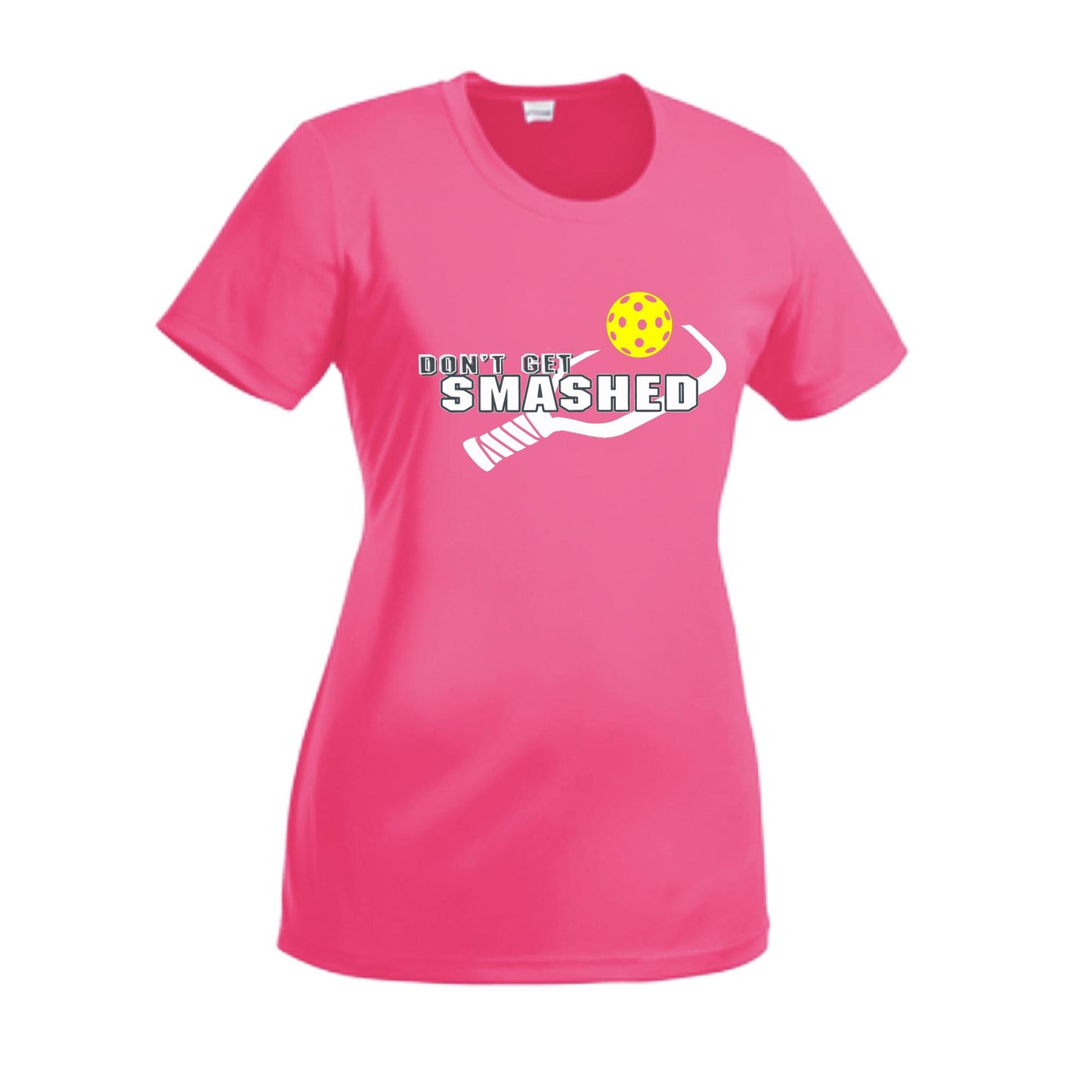 Don't Get Smashed With Pickleballs (Purple White Yellow) Customizable | Women’s Short Sleeve Crewneck Athletic Performance T-Shirts | 100% Polyester