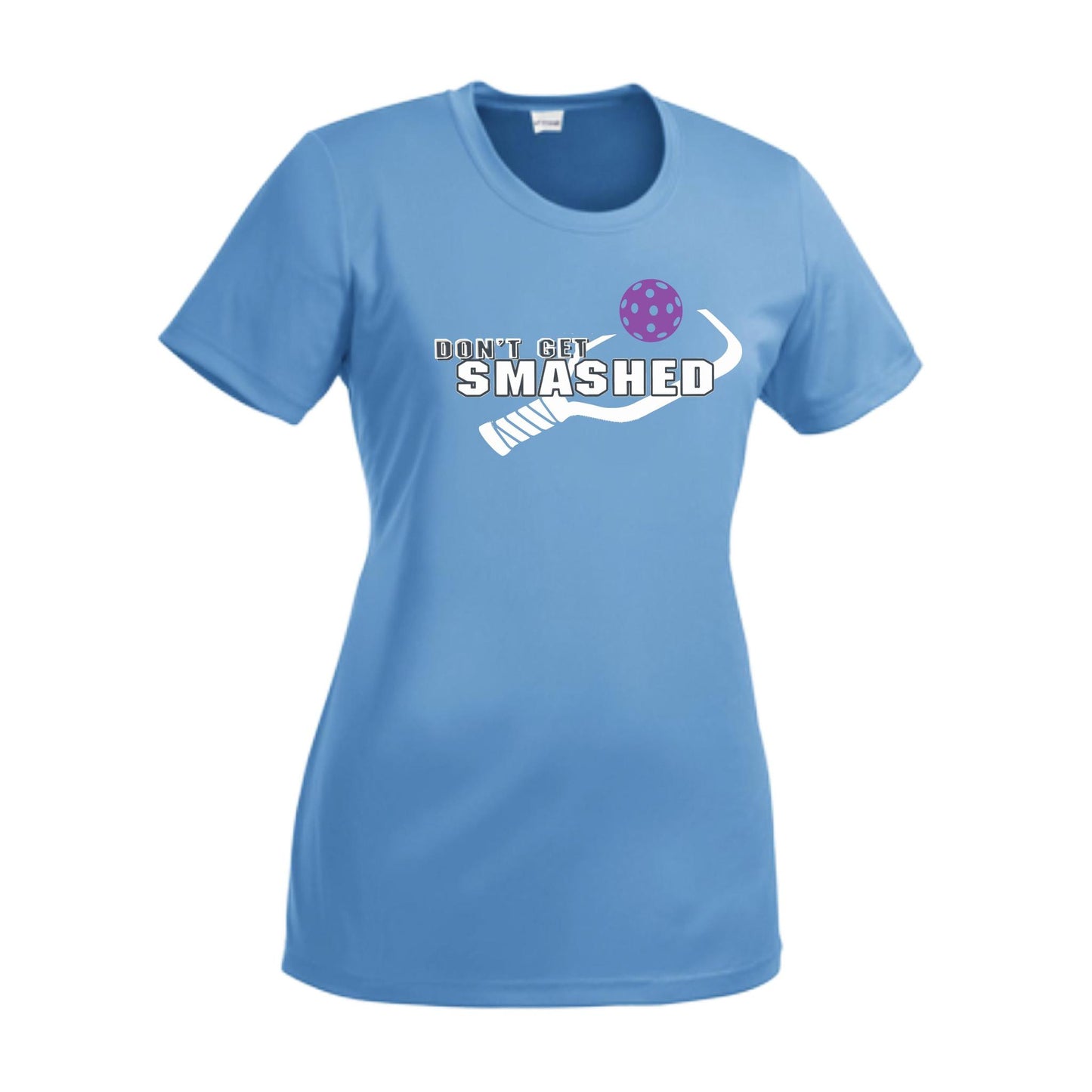 Don't Get Smashed With Pickleballs (Purple White Yellow) Customizable | Women’s Short Sleeve Crewneck Athletic Performance T-Shirts | 100% Polyester