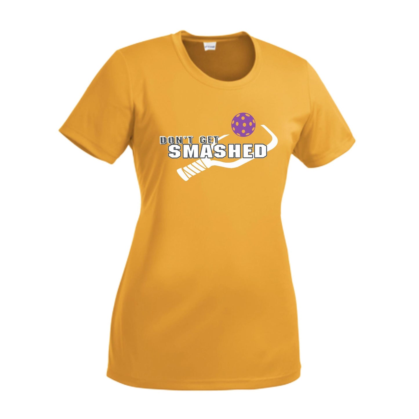 Don't Get Smashed With Pickleballs (Purple White Yellow) Customizable | Women’s Short Sleeve Crewneck Athletic Performance T-Shirts | 100% Polyester