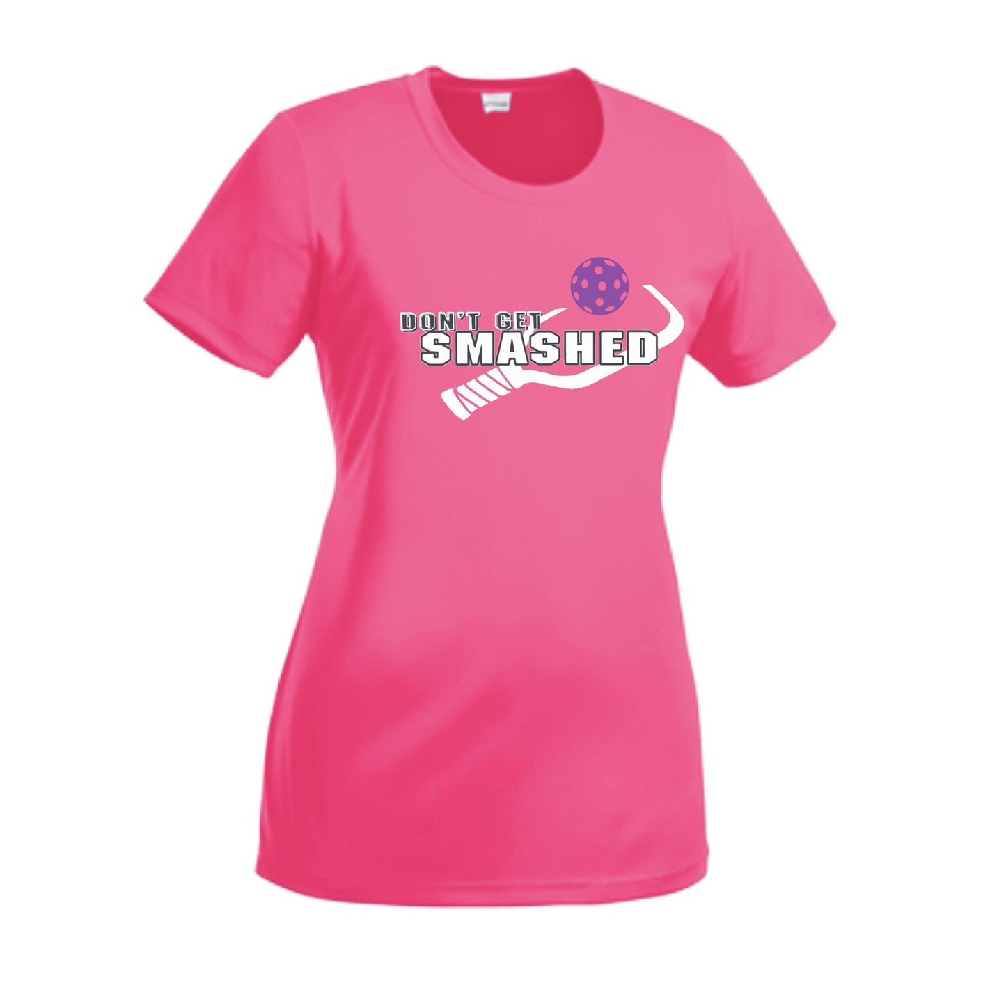 Don't Get Smashed With Pickleballs (Purple White Yellow) Customizable | Women’s Short Sleeve Crewneck Athletic Performance T-Shirts | 100% Polyester