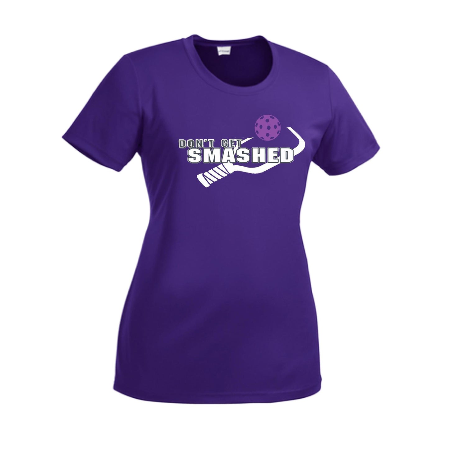 Don't Get Smashed With Pickleballs (Purple White Yellow) Customizable | Women’s Short Sleeve Crewneck Athletic Performance T-Shirts | 100% Polyester