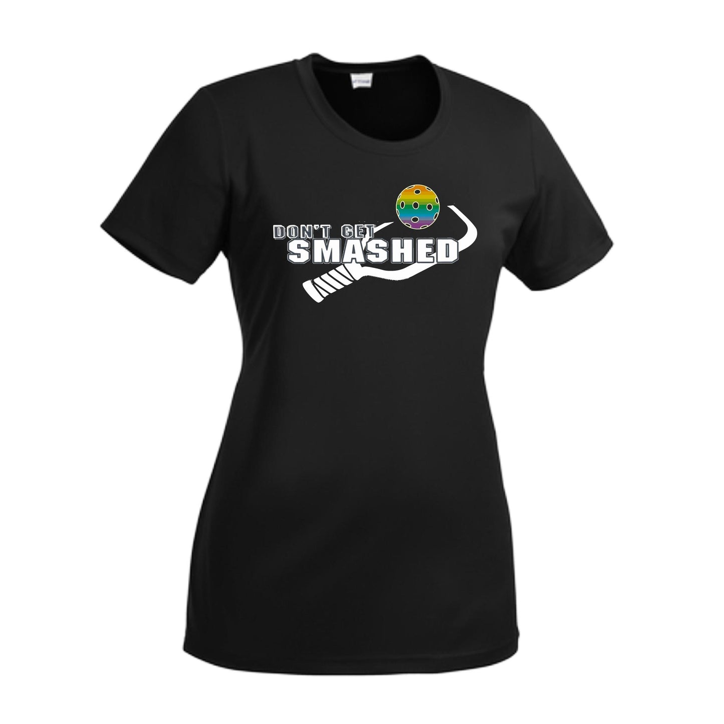 Don't Get Smashed With Pickleballs (Red Green Rainbow) Customizable | Women’s Short Sleeve Crewneck Athletic Performance T-Shirts | 100% Polyester