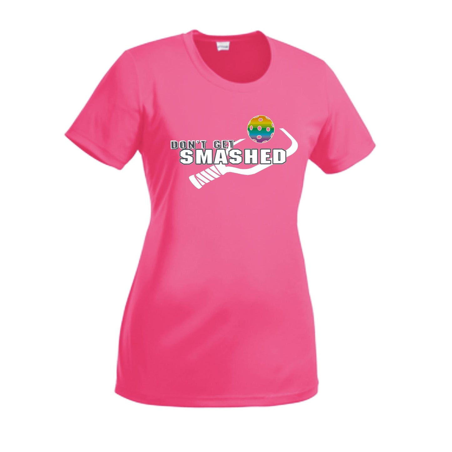 Don't Get Smashed With Pickleballs (Red Green Rainbow) Customizable | Women’s Short Sleeve Crewneck Athletic Performance T-Shirts | 100% Polyester