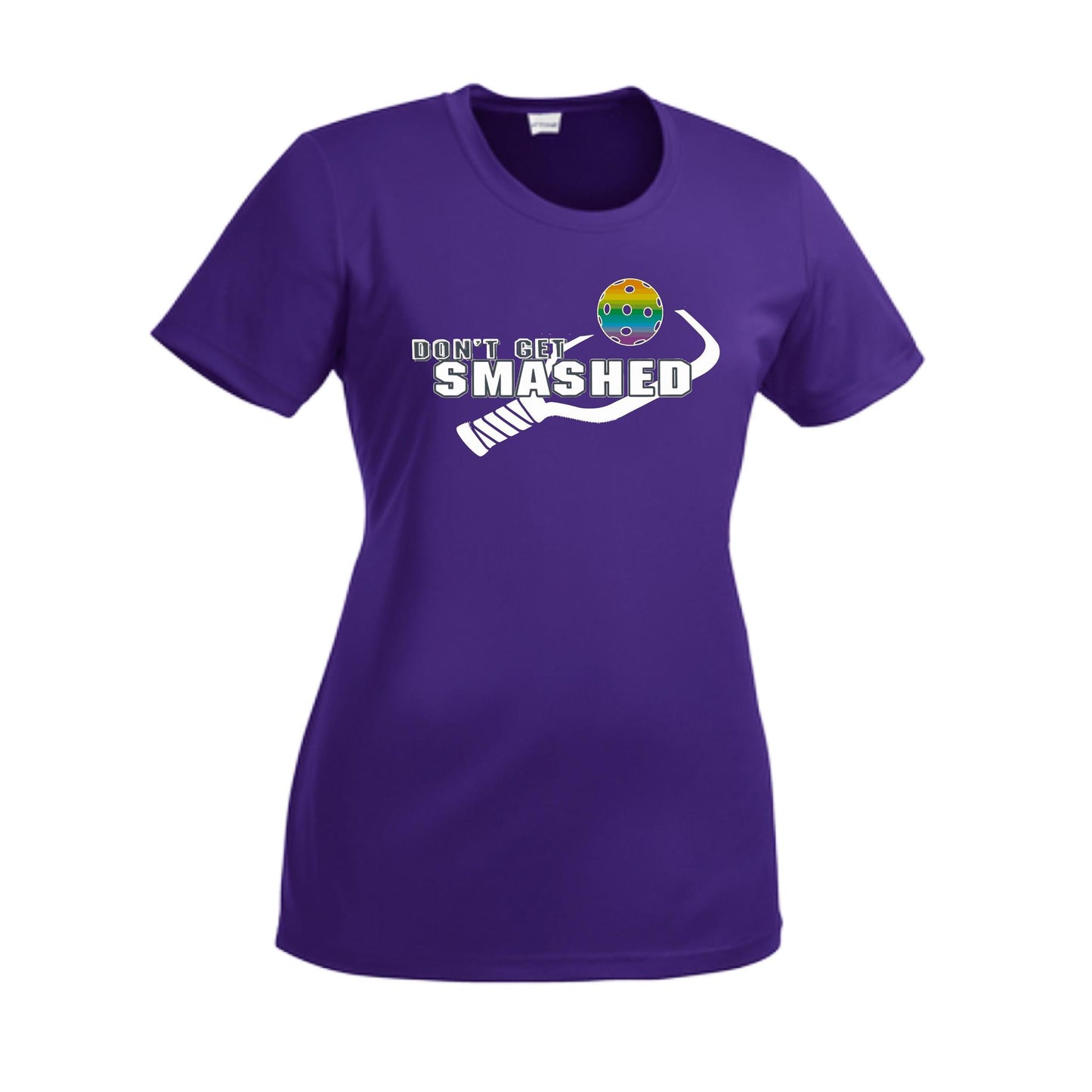 Don't Get Smashed With Pickleballs (Red Green Rainbow) Customizable | Women’s Short Sleeve Crewneck Athletic Performance T-Shirts | 100% Polyester