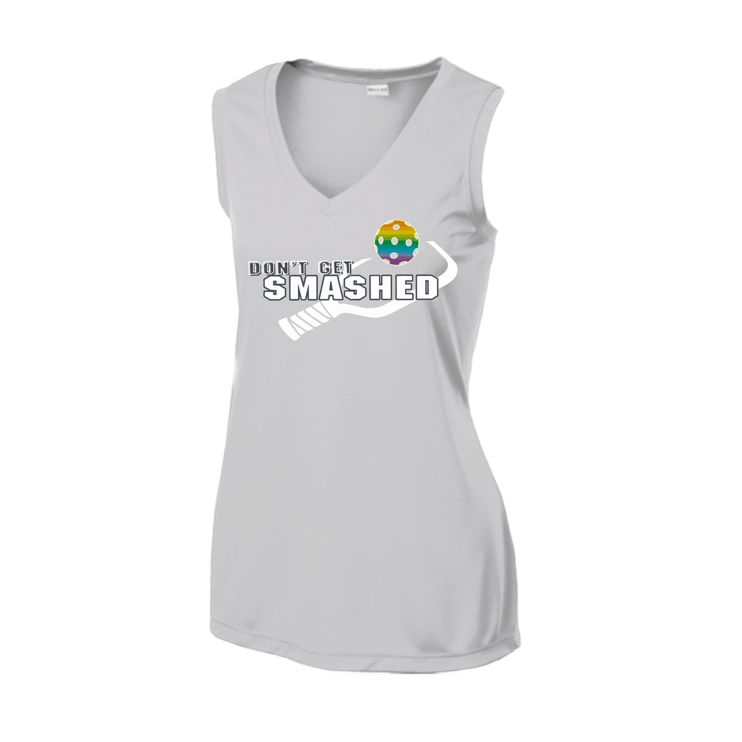 Don't Get Smashed With Pickleballs (Red Green Rainbow) | Women’s Sleeveless Athletic Performance T-Shirt | 100% Polyester