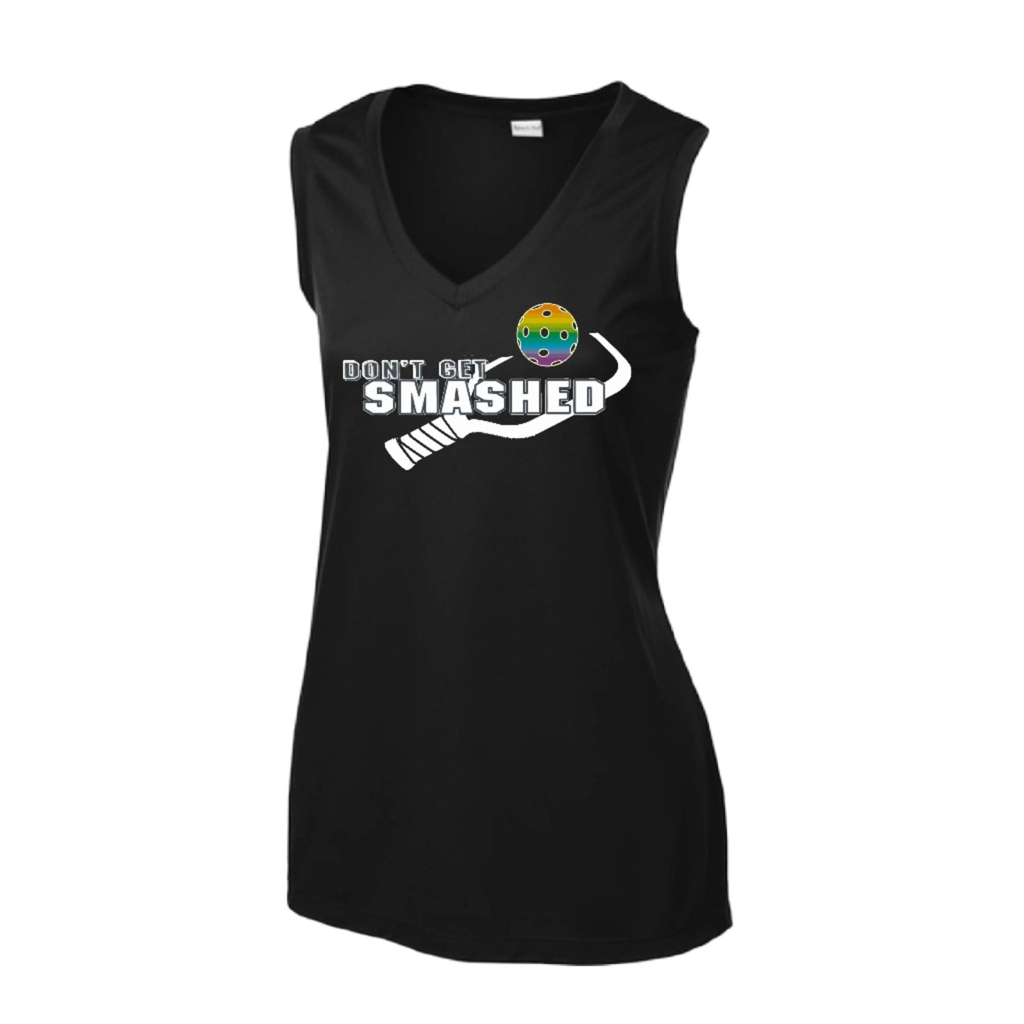 Don't Get Smashed With Pickleballs (Red Green Rainbow) | Women’s Sleeveless Athletic Performance T-Shirt | 100% Polyester