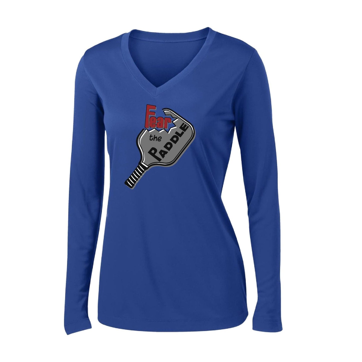 Fear The Paddle | Women's Long Sleeve V-Neck Pickleball Performance T-Shirts | 100% Polyester