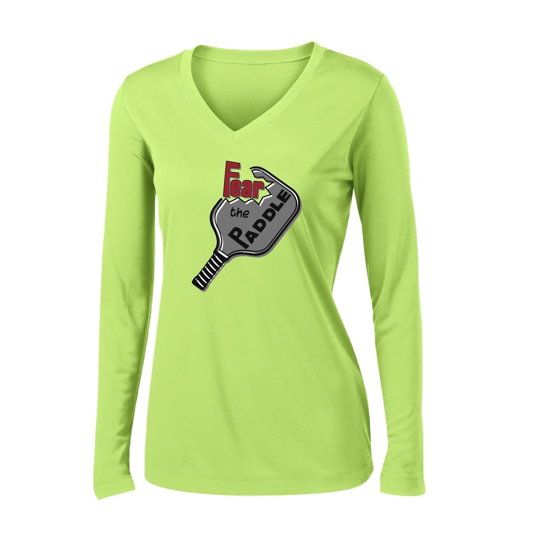 Fear The Paddle | Women's Long Sleeve V-Neck Pickleball Performance T-Shirts | 100% Polyester