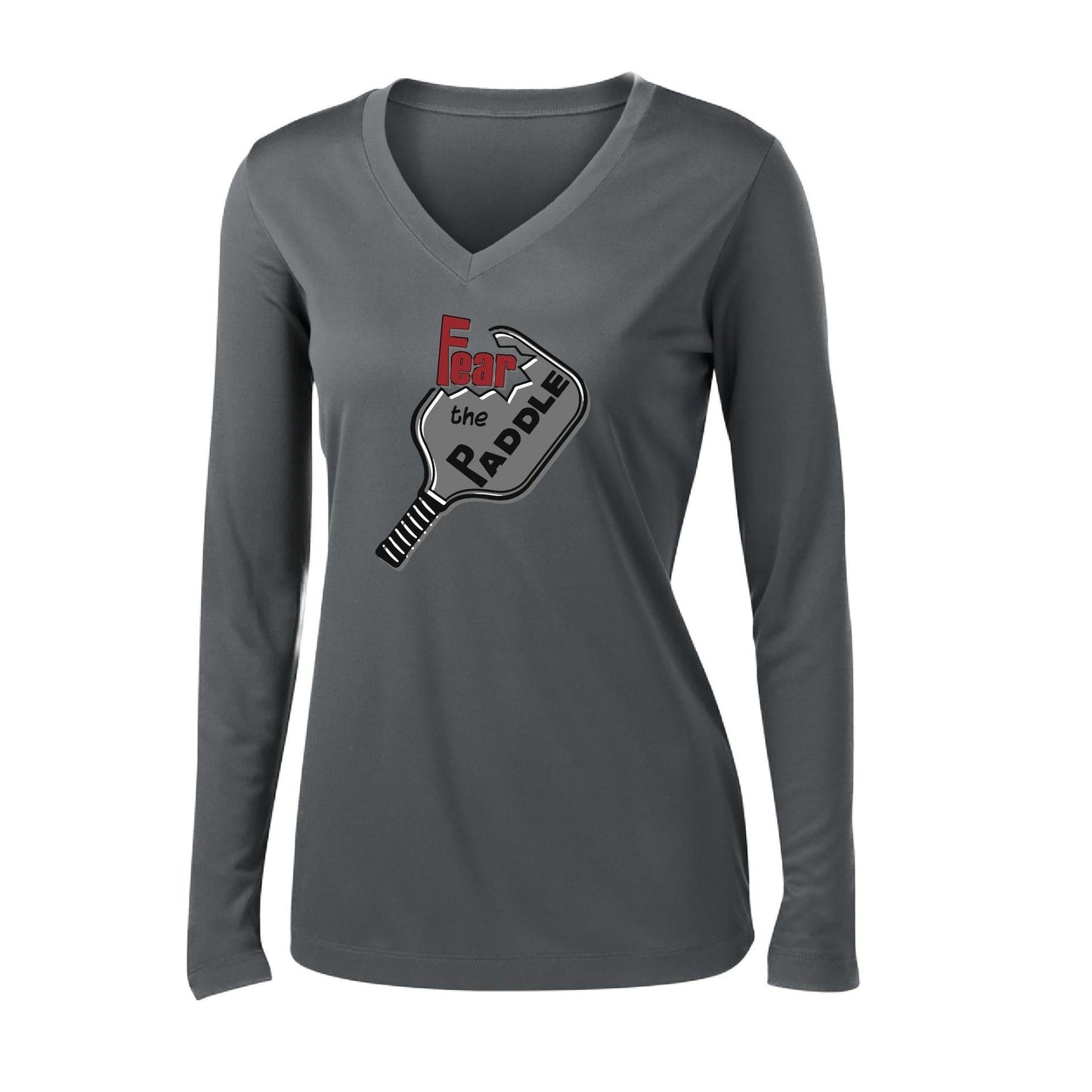 Fear The Paddle | Women's Long Sleeve V-Neck Pickleball Performance T-Shirts | 100% Polyester