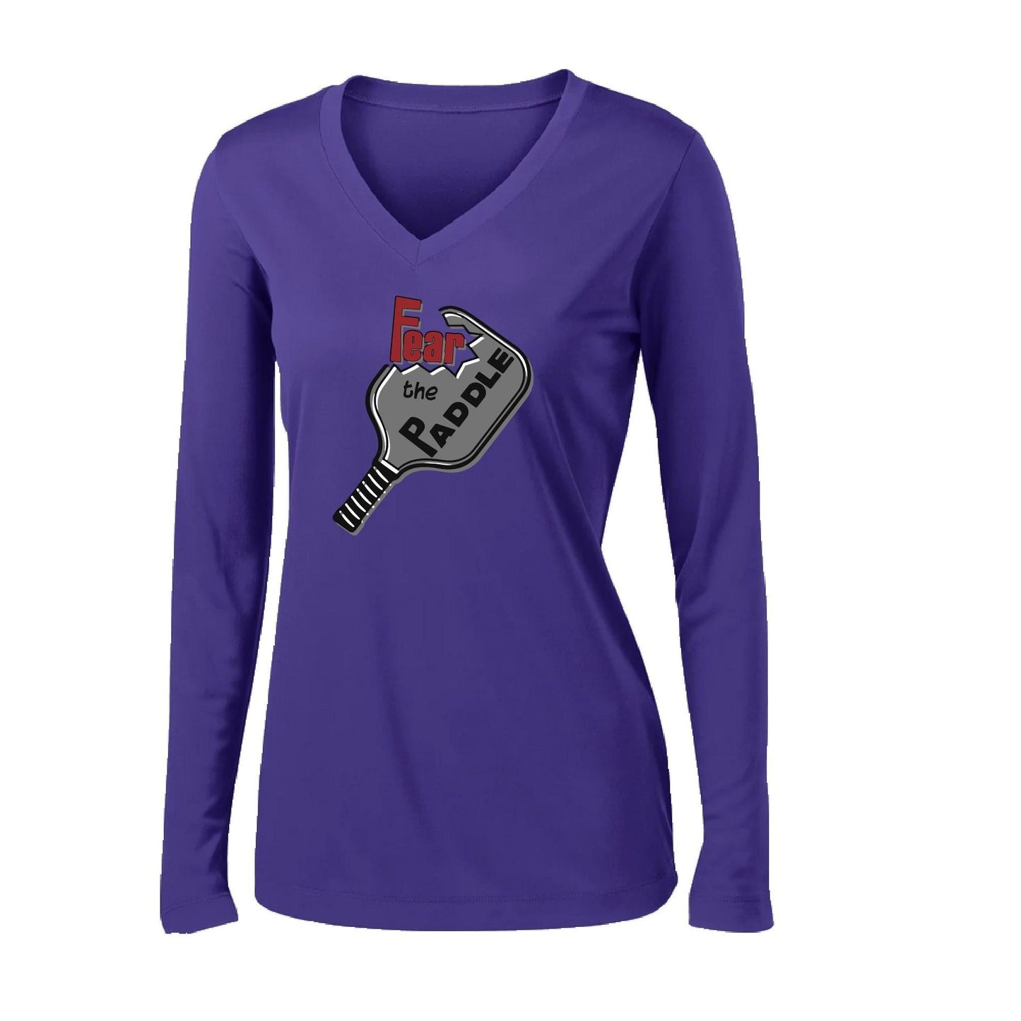 Fear The Paddle | Women's Long Sleeve V-Neck Pickleball Performance T-Shirts | 100% Polyester