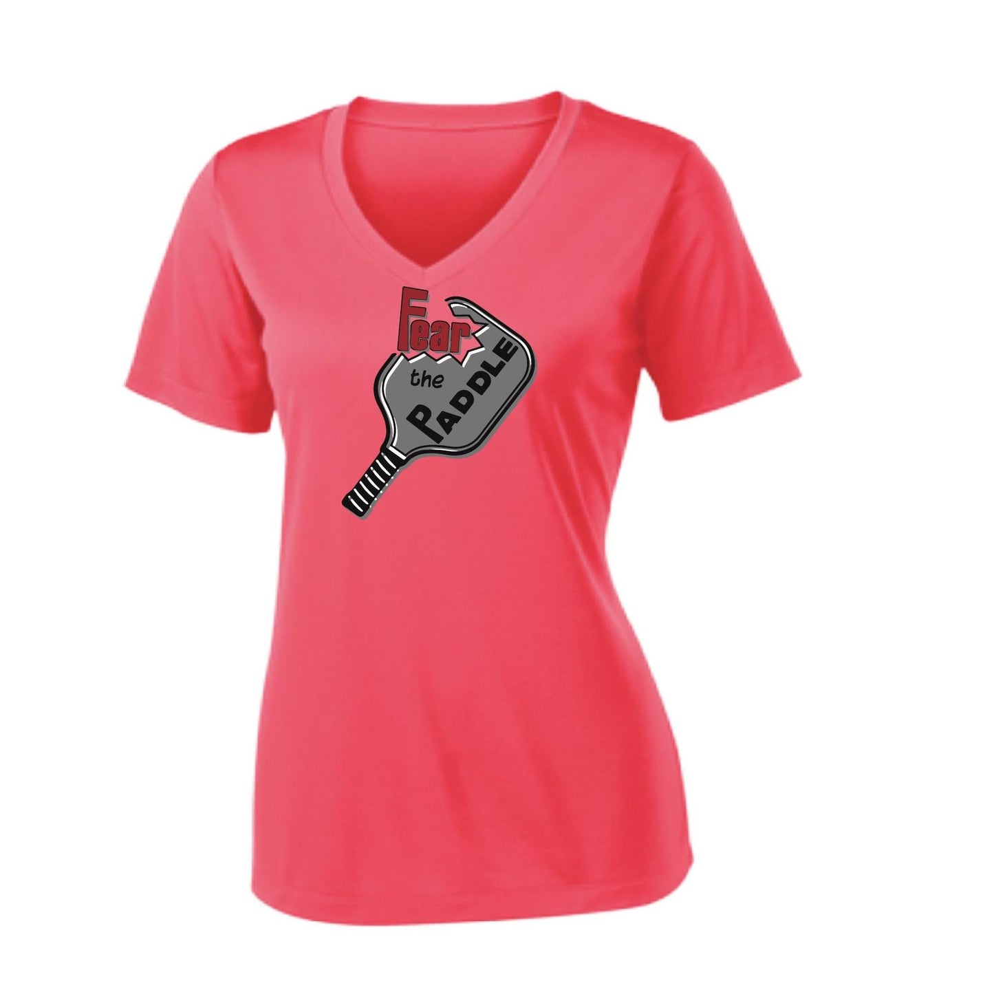Fear The Paddle | Women's Short Sleeve V-Neck Pickleball Performance T-Shirts | 100% Polyester