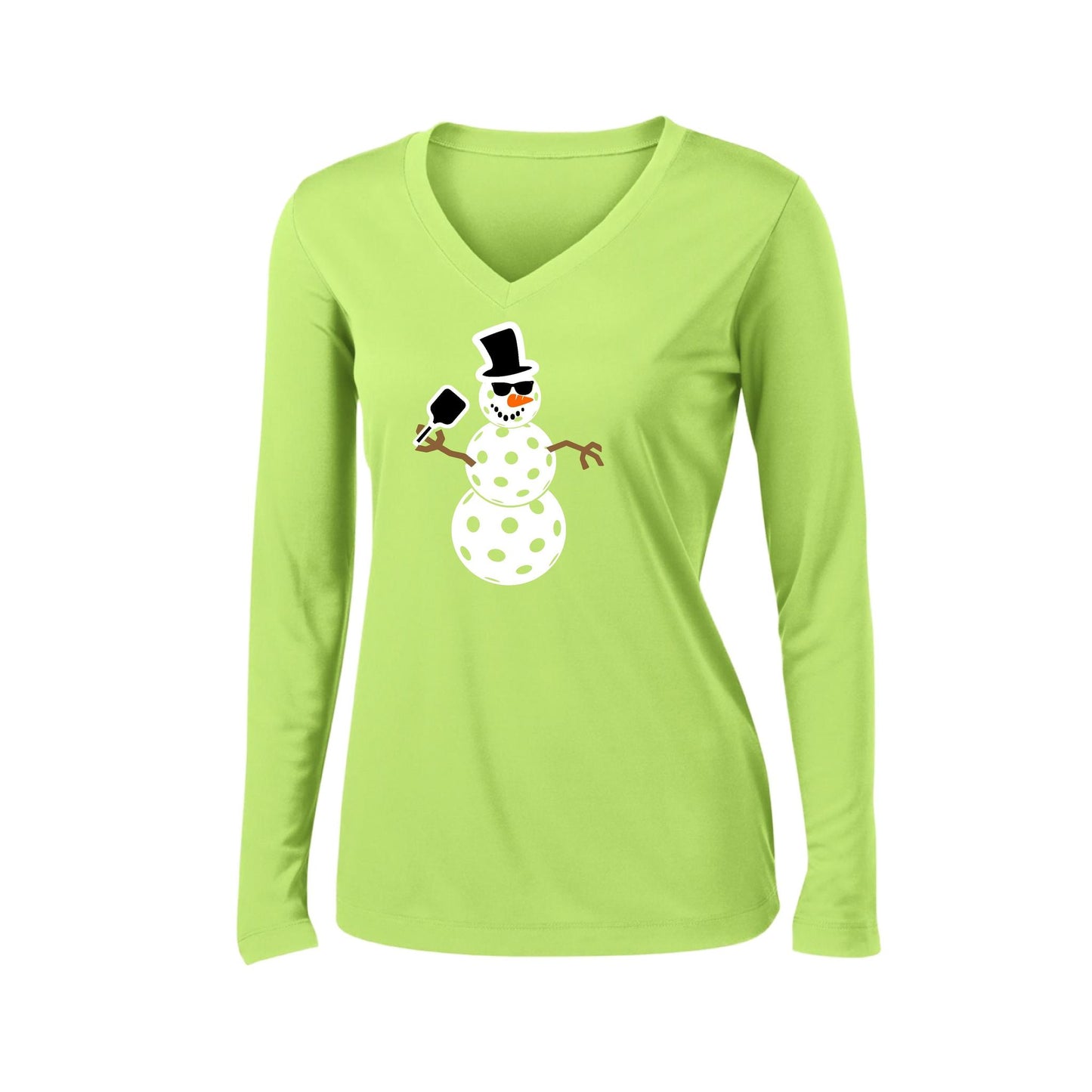 Frosty The Dinking Snowman | Women’s Long Sleeve V-Neck Pickleball Performance T-Shirt | 100% Polyester