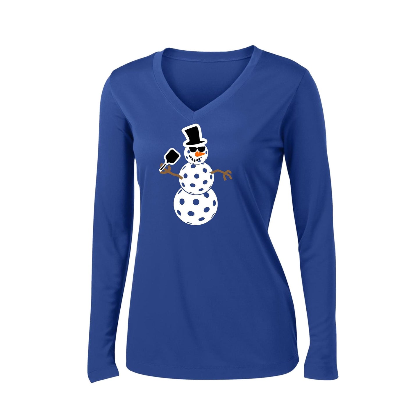 Frosty The Dinking Snowman | Women’s Long Sleeve V-Neck Pickleball Performance T-Shirt | 100% Polyester
