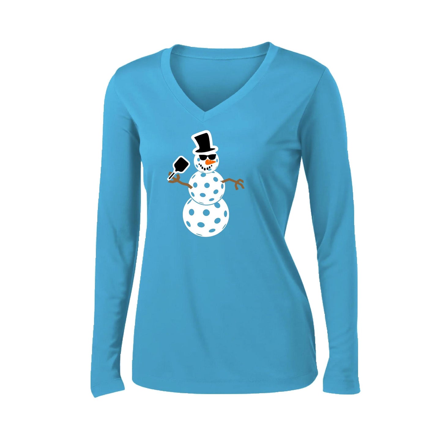 Frosty The Dinking Snowman | Women’s Long Sleeve V-Neck Pickleball Performance T-Shirt | 100% Polyester