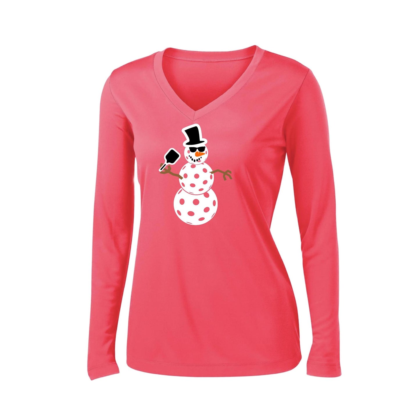 Frosty The Dinking Snowman | Women’s Long Sleeve V-Neck Pickleball Performance T-Shirt | 100% Polyester
