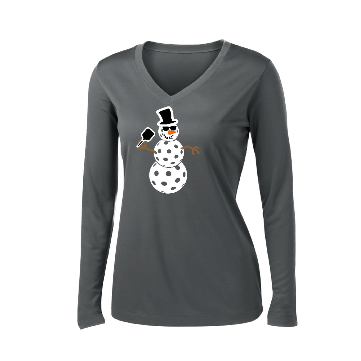 Frosty The Dinking Snowman | Women’s Long Sleeve V-Neck Pickleball Performance T-Shirt | 100% Polyester
