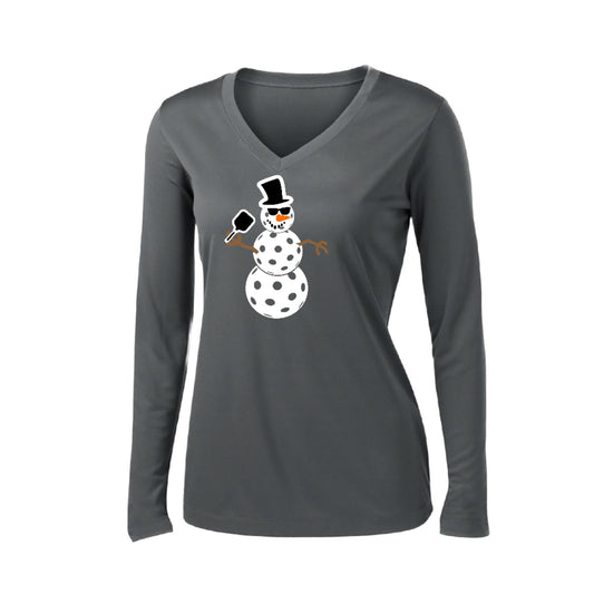 Frosty The Dinking Snowman | Women’s Long Sleeve V-Neck Pickleball Performance T-Shirt | 100% Polyester