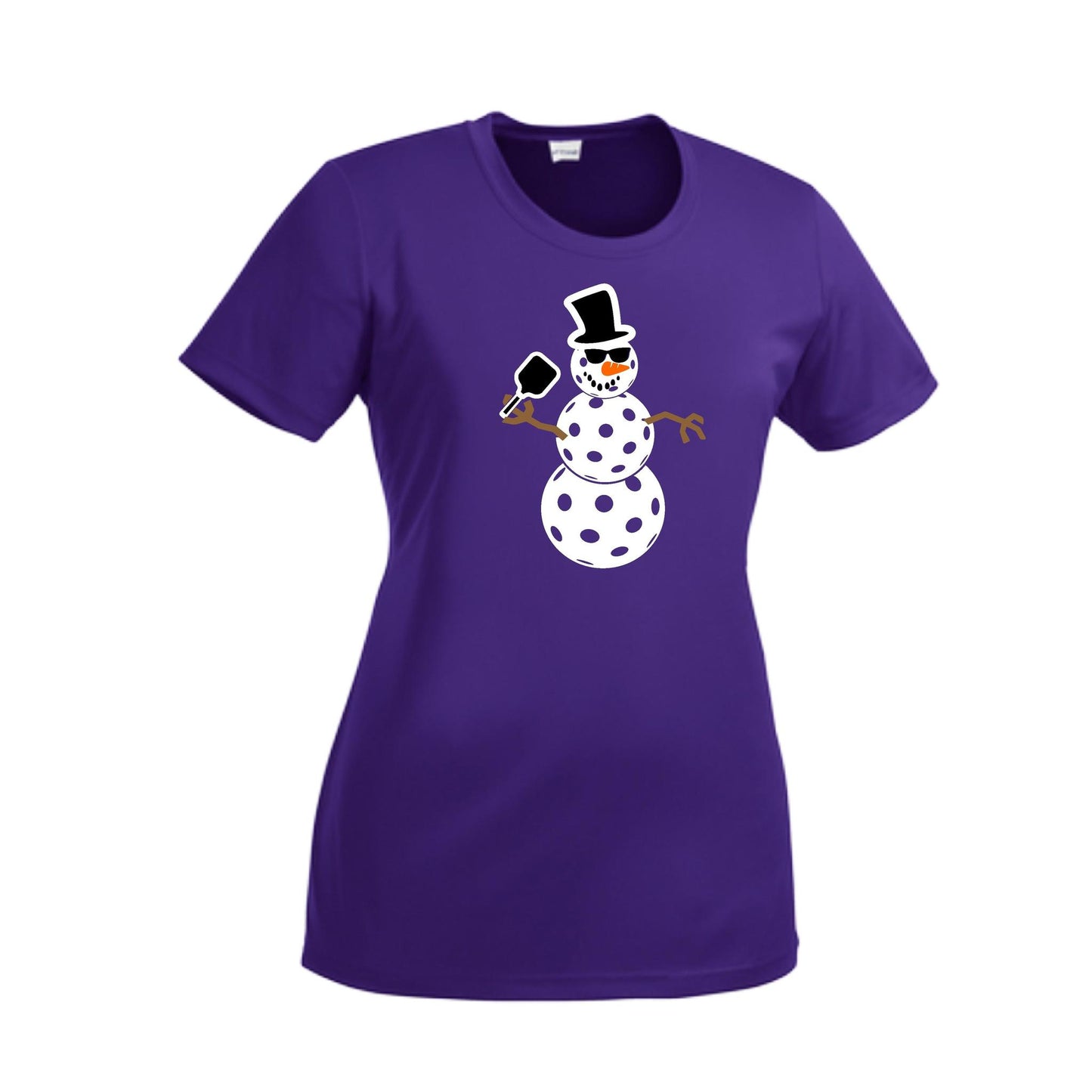 Frosty The Dinking Snowman | Women’s Short Sleeve Crewneck Pickleball Performance T-Shirts | 100% Polyester