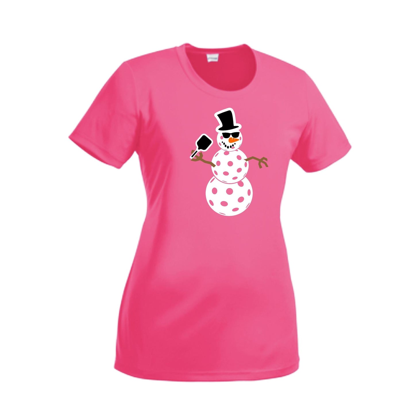 Frosty The Dinking Snowman | Women’s Short Sleeve Crewneck Pickleball Performance T-Shirts | 100% Polyester