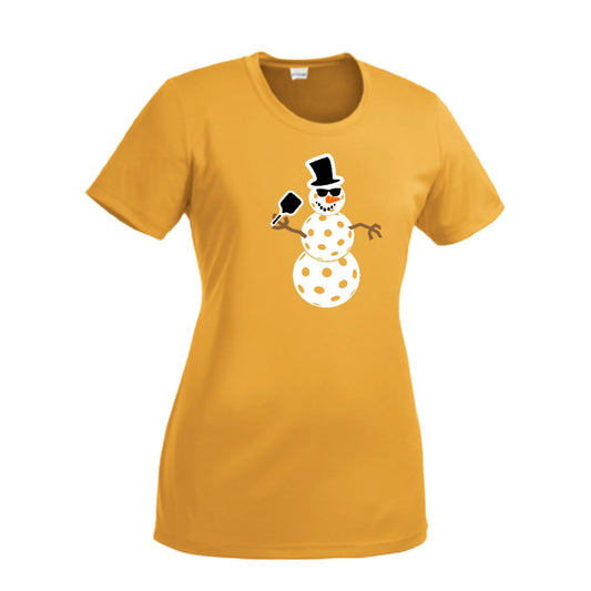 Frosty The Dinking Snowman | Women’s Short Sleeve Crewneck Pickleball Performance T-Shirts | 100% Polyester