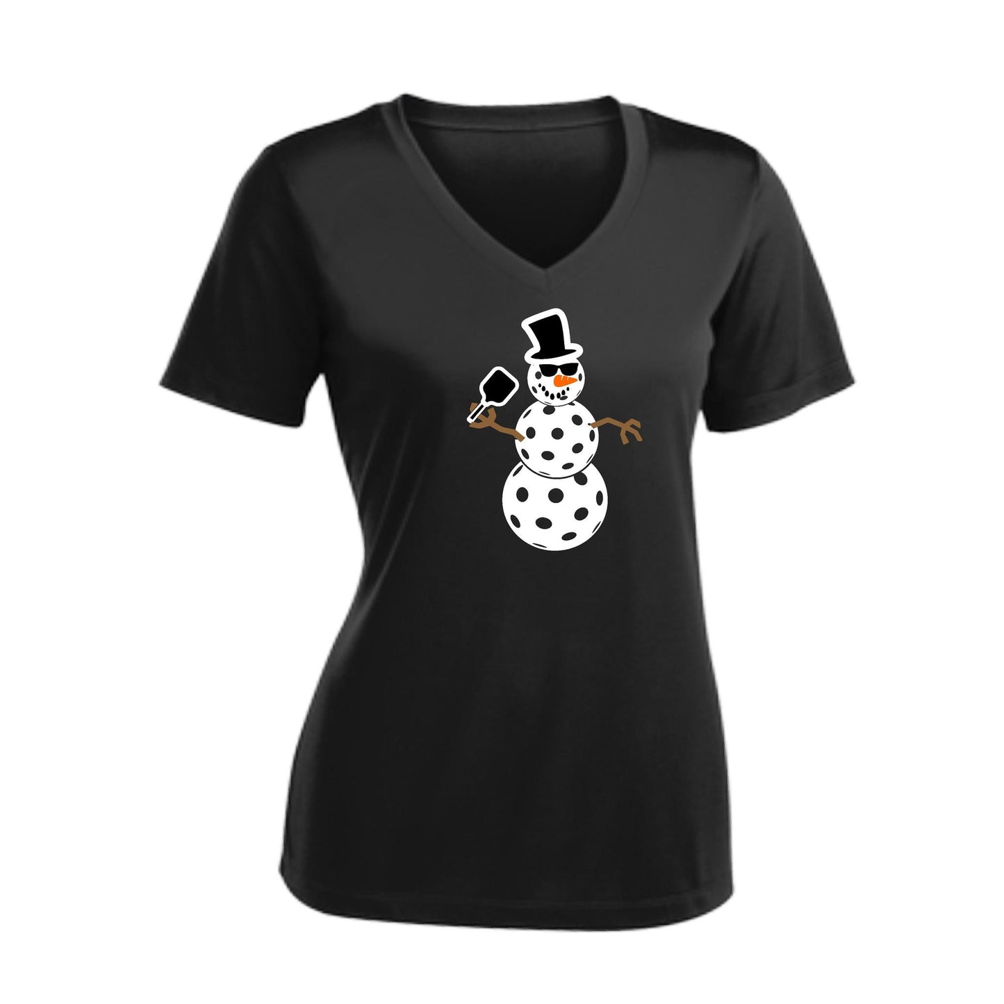 Frosty The Dinking Snowman | Women's Short Sleeve V-Neck Pickleball Performance T-Shirts | 100% Polyester
