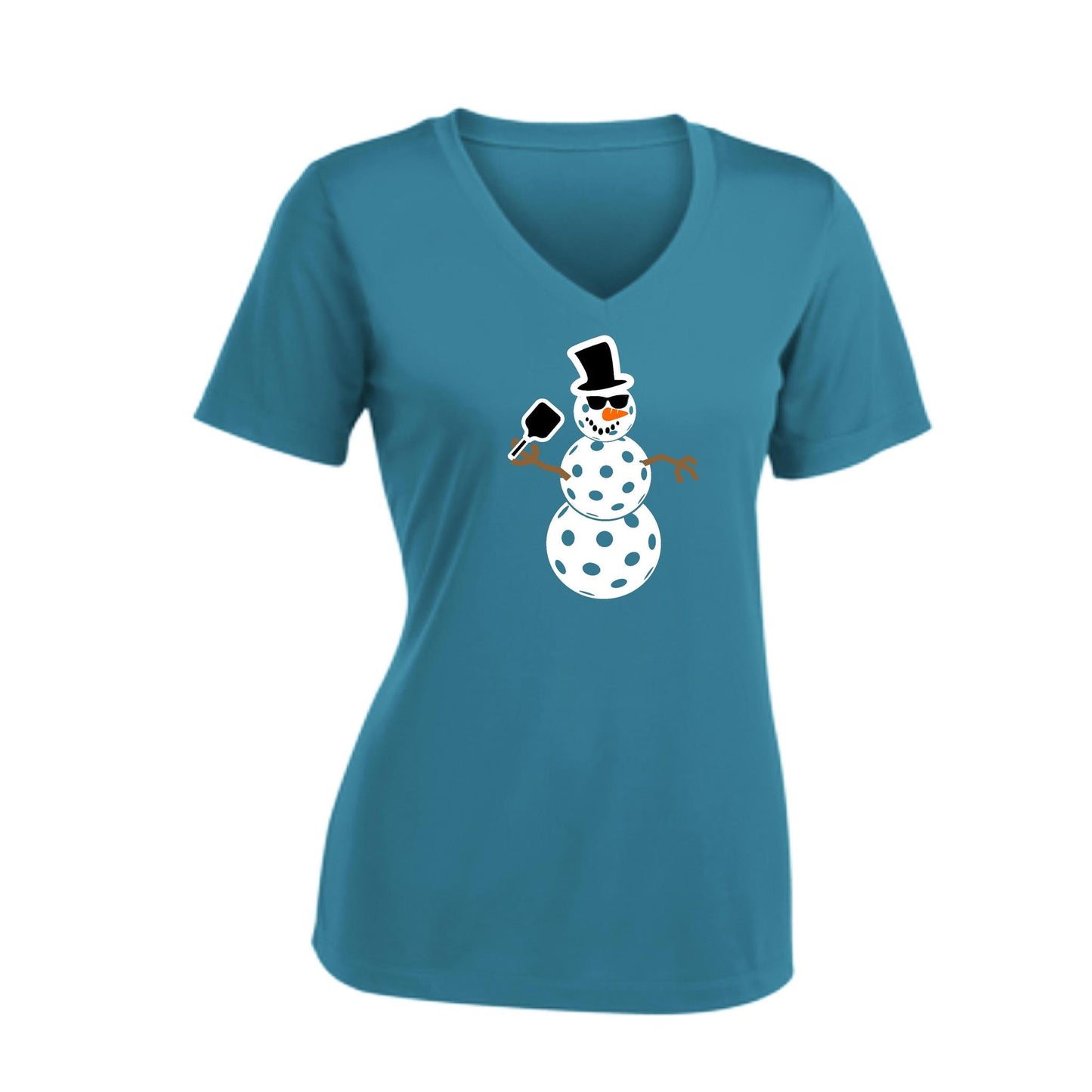 Frosty The Dinking Snowman | Women's Short Sleeve V-Neck Pickleball Performance T-Shirts | 100% Polyester