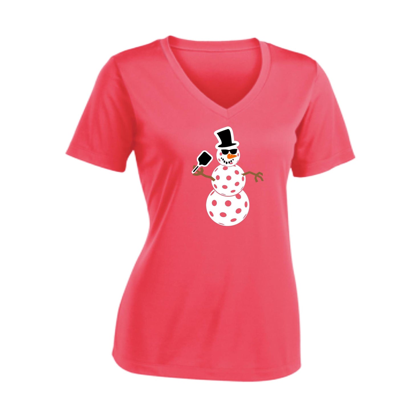 Frosty The Dinking Snowman | Women's Short Sleeve V-Neck Pickleball Performance T-Shirts | 100% Polyester