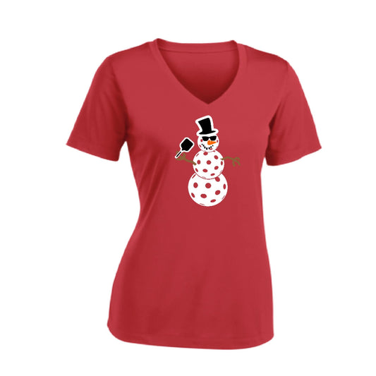 Frosty The Dinking Snowman | Women's Short Sleeve V-Neck Pickleball Performance T-Shirts | 100% Polyester