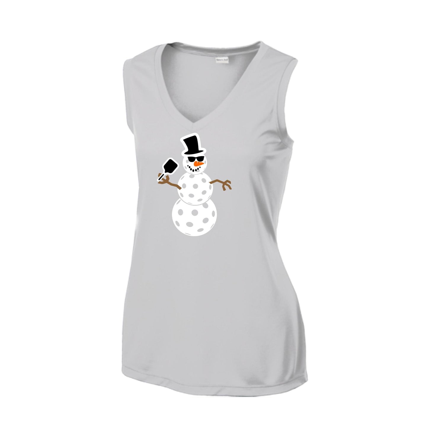 Frosty The Dinking Snowman | Women’s Sleeveless Pickleball Performance T-Shirt | 100% Polyester