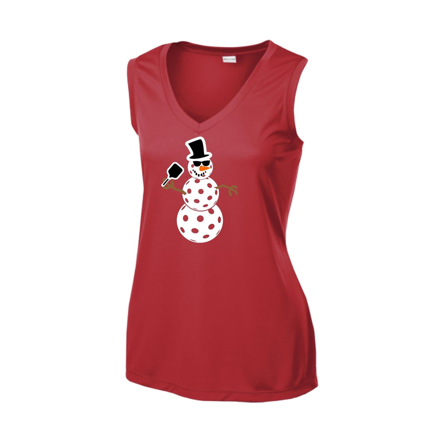 Frosty The Dinking Snowman | Women’s Sleeveless Pickleball Performance T-Shirt | 100% Polyester