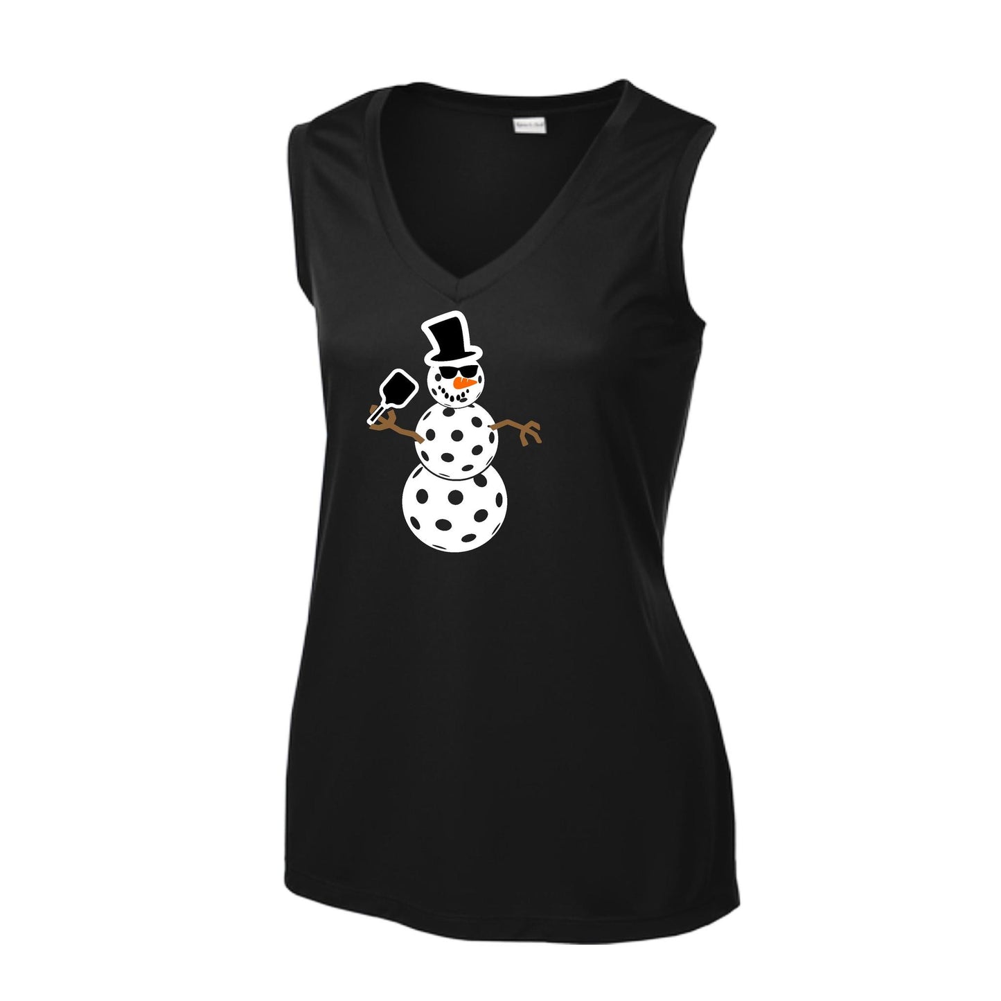 Frosty The Dinking Snowman | Women’s Sleeveless Pickleball Performance T-Shirt | 100% Polyester