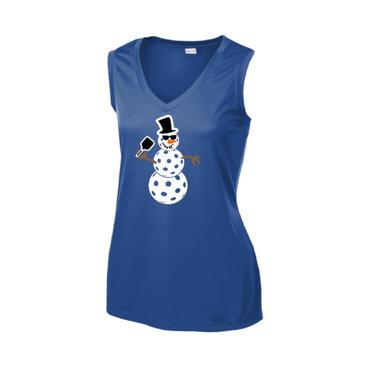 Frosty The Dinking Snowman | Women’s Sleeveless Pickleball Performance T-Shirt | 100% Polyester