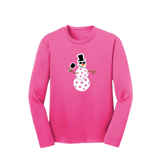 Frosty The Dinking Snowman | Youth Long Sleeve Pickleball Performance T-Shirts | 100% Polyester