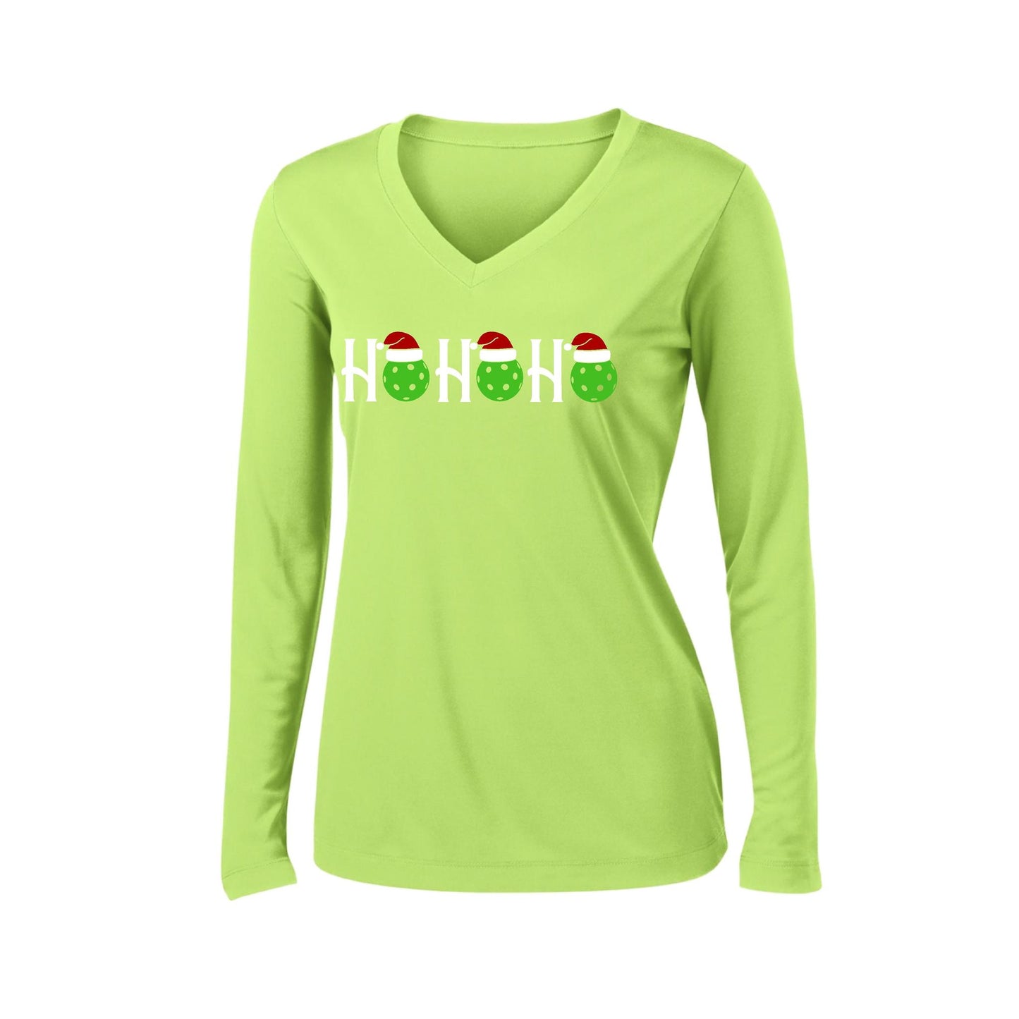 Ho Ho Ho | Women’s Long Sleeve V-Neck Performance T-Shirt | 100% Polyester
