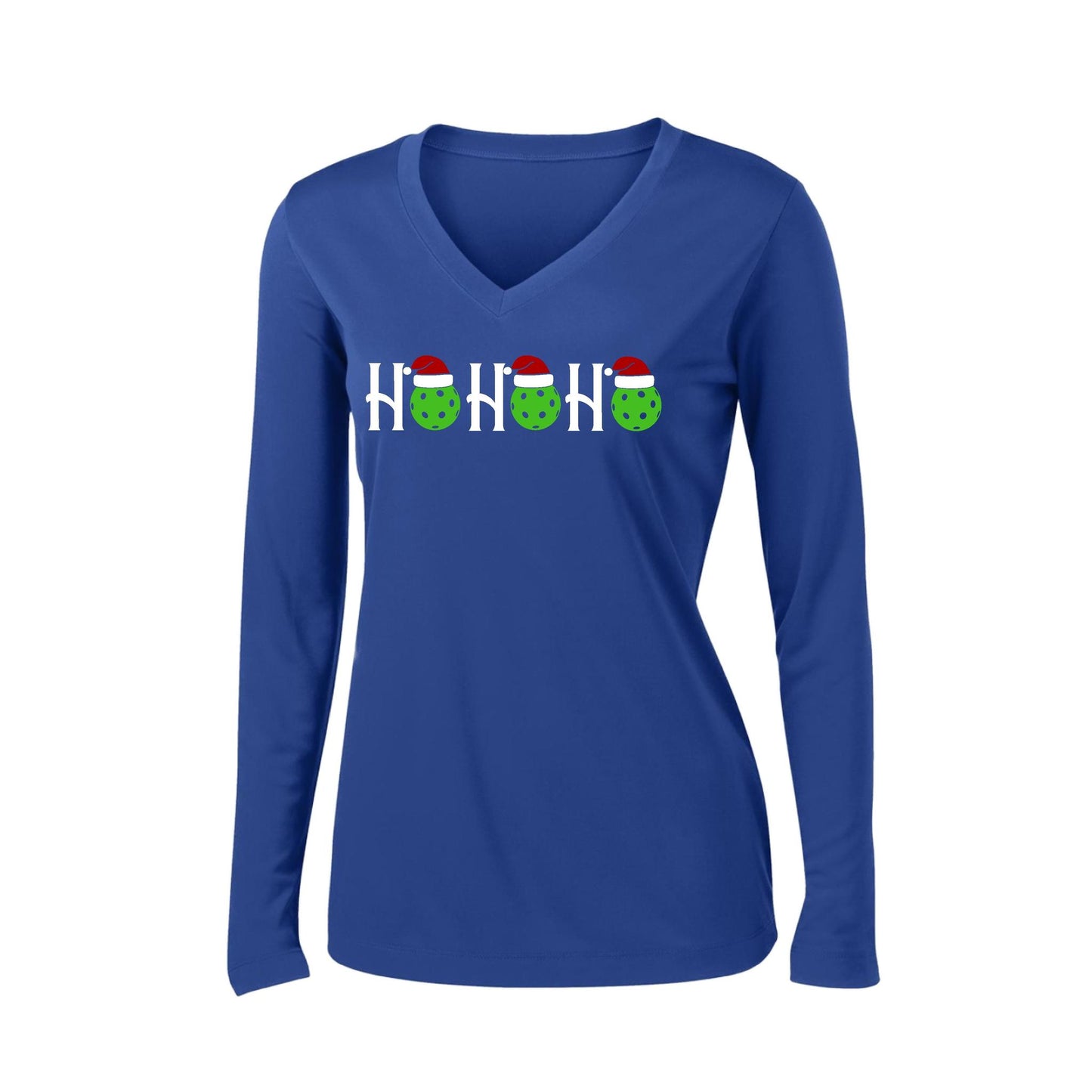 Ho Ho Ho | Women’s Long Sleeve V-Neck Performance T-Shirt | 100% Polyester