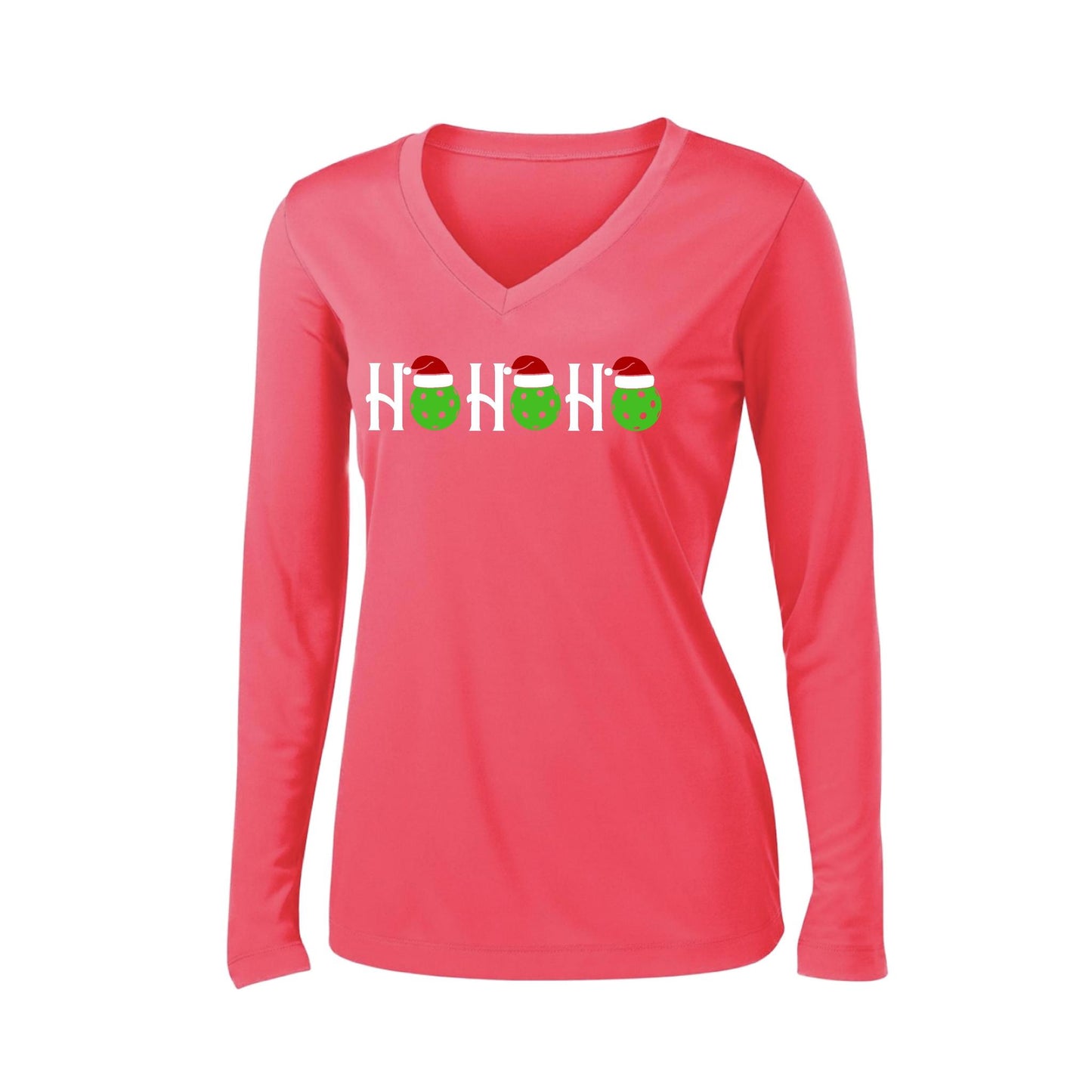 Ho Ho Ho | Women’s Long Sleeve V-Neck Performance T-Shirt | 100% Polyester